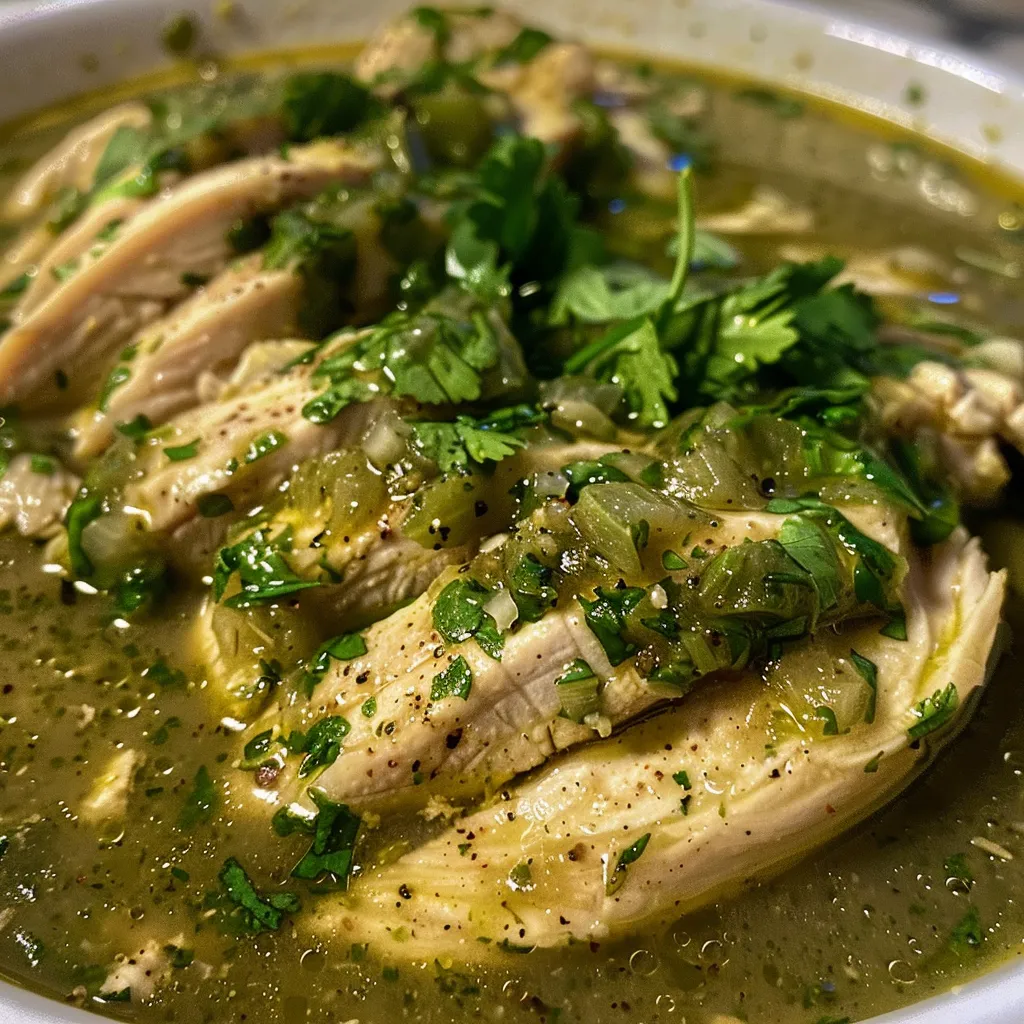Tazón de pollo jugoso cubierto con salsa verde cremosa.