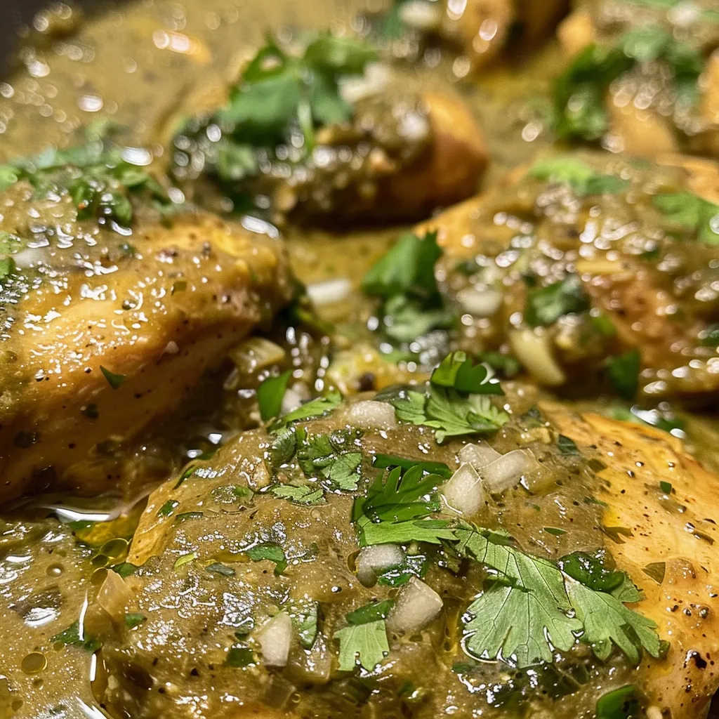 Pechugas de pollo en una sartén con salsa verde y cilantro.