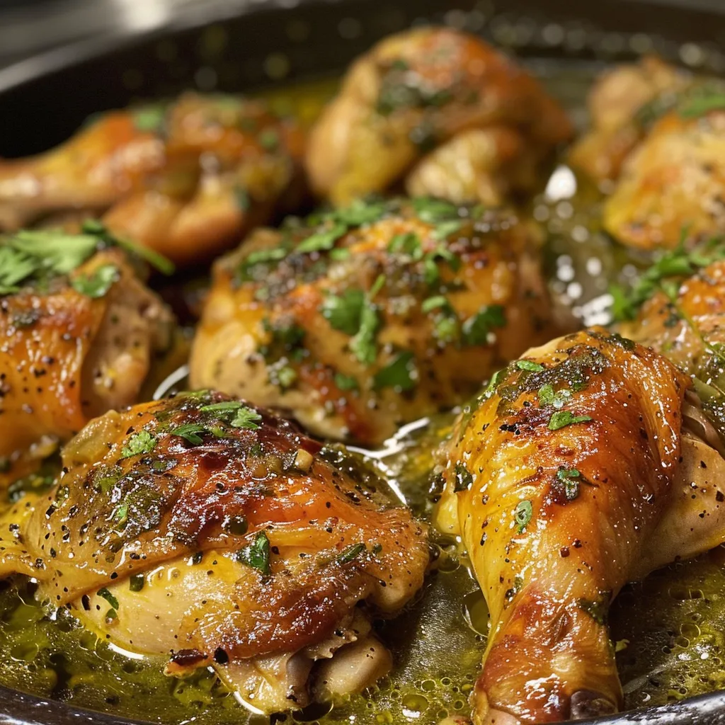 Vista lateral cercana de Pollo En Salsa Verde con trozos de pollo y salsa verde.