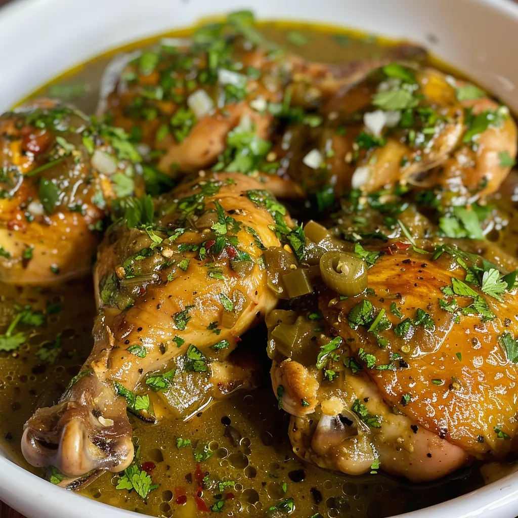 Vista lateral de Pollo en Salsa Verde, con salsa verde brillante y pechugas de pollo.