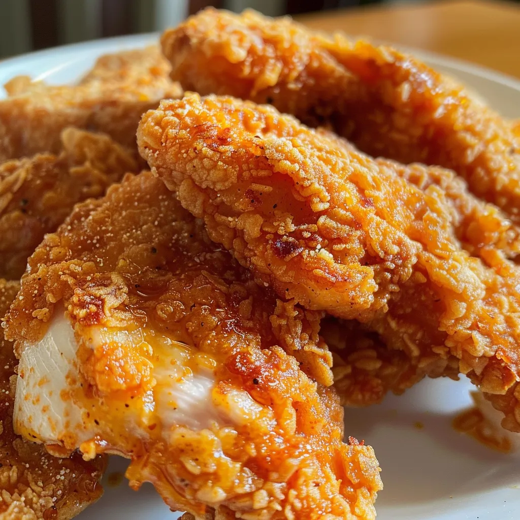 Pollo frito crujiente en un plato, con piel dorada y crujiente.