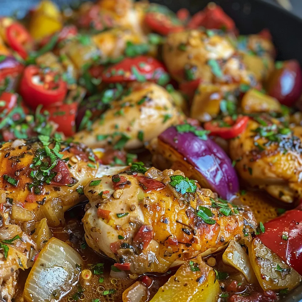 Primer plano de pollo guisado con verduras coloridas.