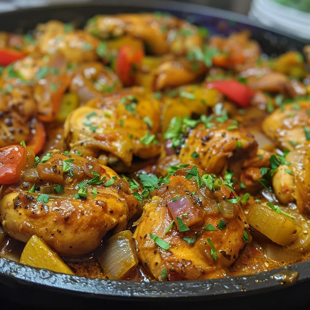 Imagen cercana de Pollo guisado con zanahorias y guisantes, capturando la textura jugosa del plato.
