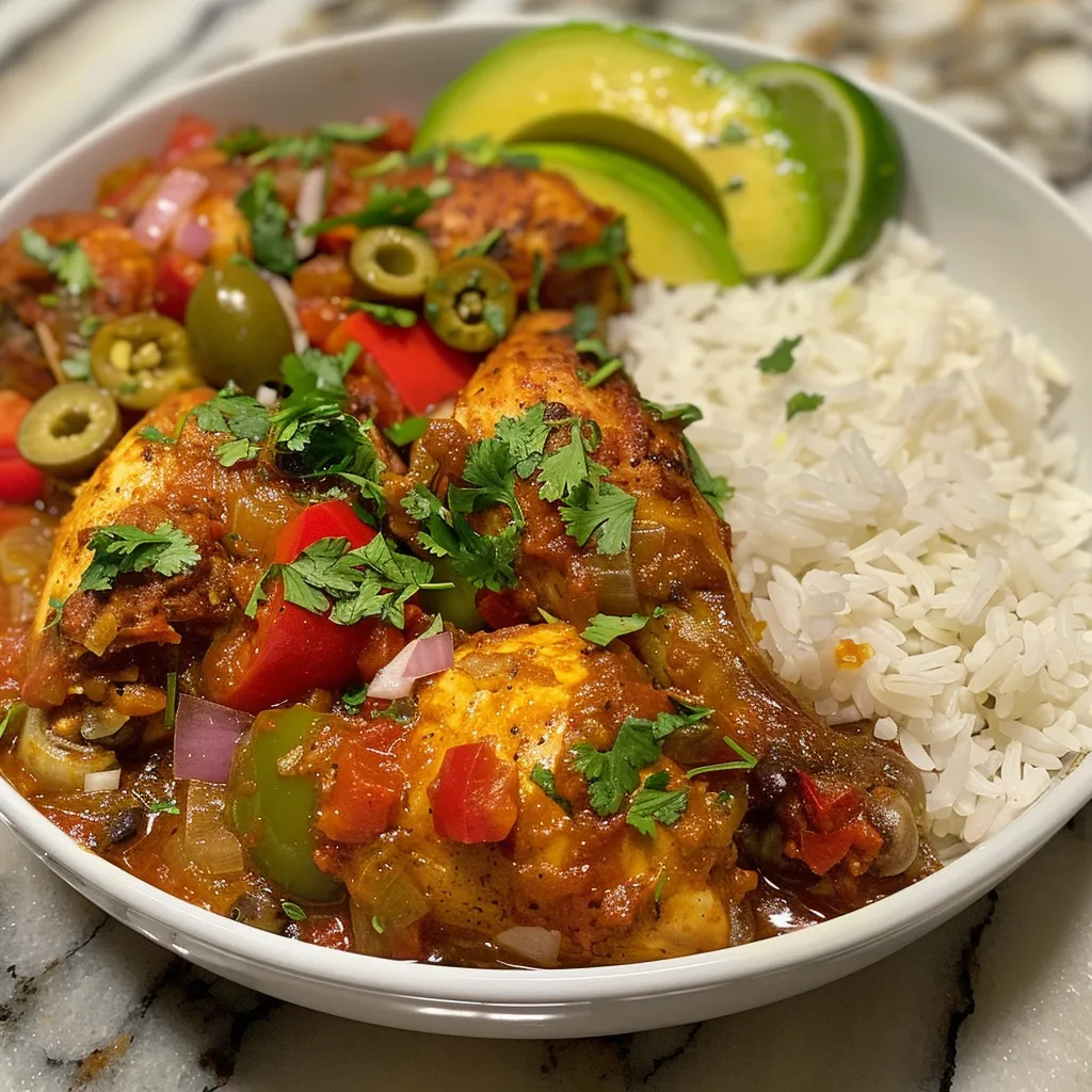 Primer plano de Pollo Guisado jugoso en un plato.