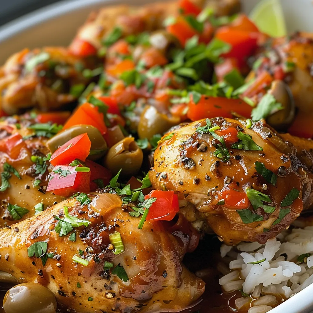 Vista lateral de Pollo Guisado con verduras y salsa.