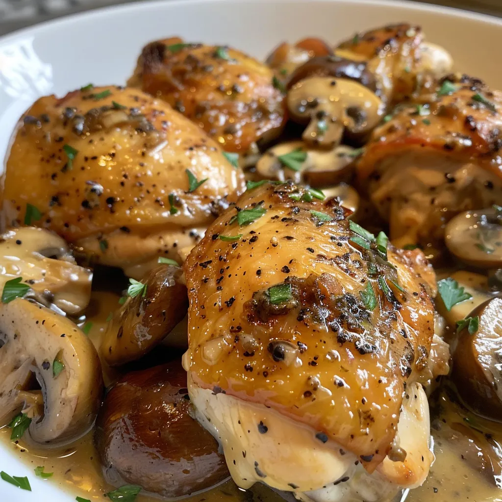 Pechugas de pollo jugosas con champiñones en una salsa cremosa.