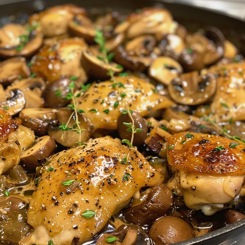 Plato de pollo Instantáneo acompañado de champiñones frescos.