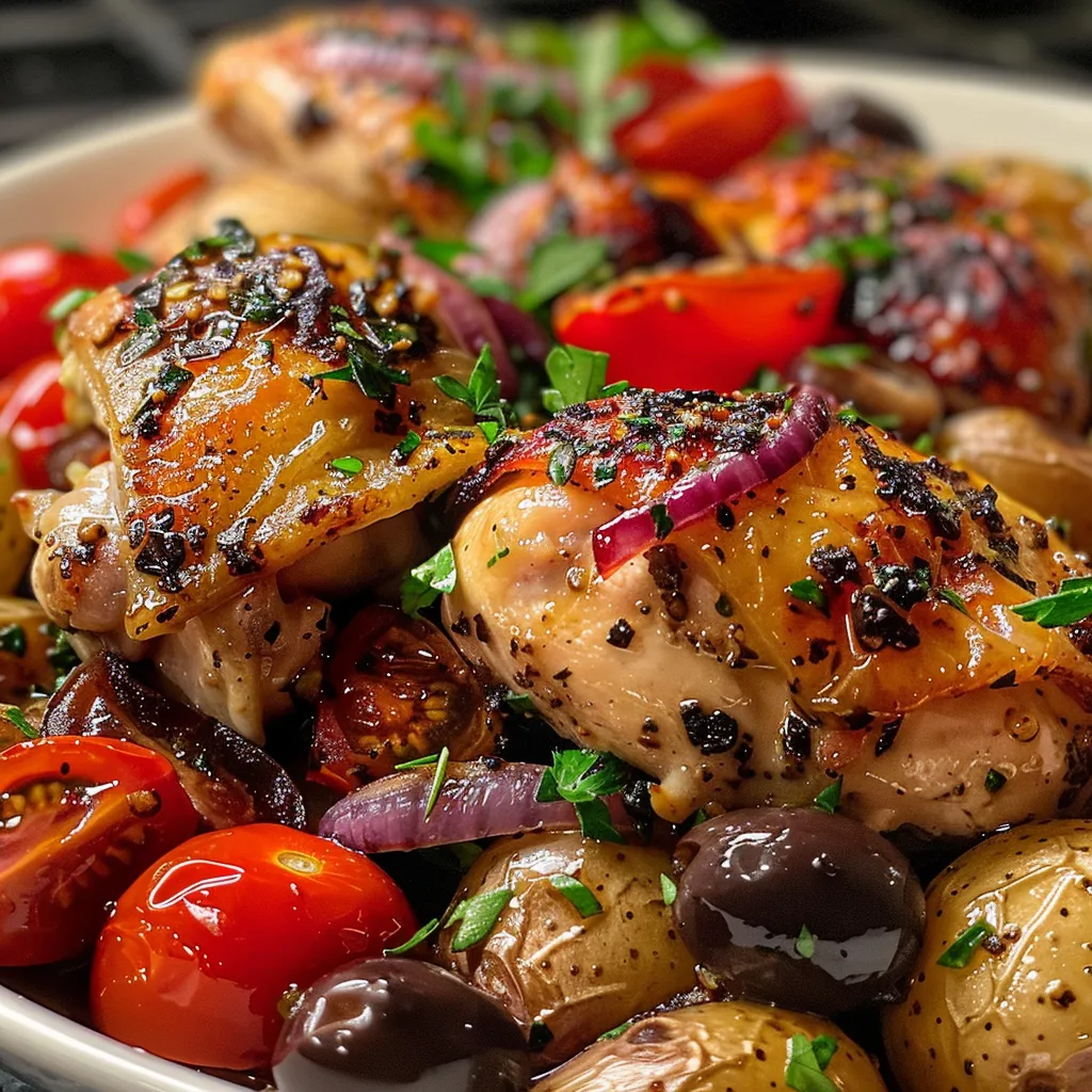 Primer plano de pollo mediterráneo jugoso con verduras.