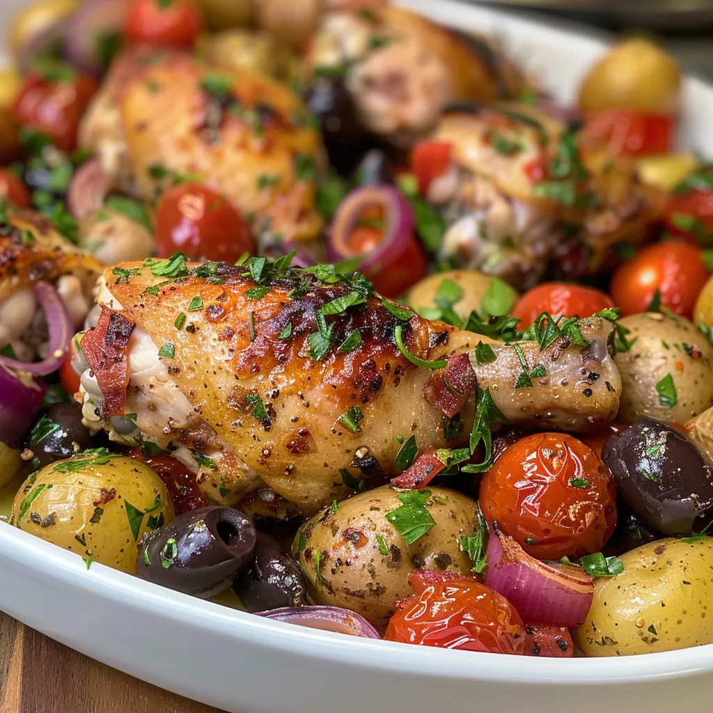 Close-up de pollo Mediterráneo con ingredientes frescos, incluyendo aceitunas y tomates.