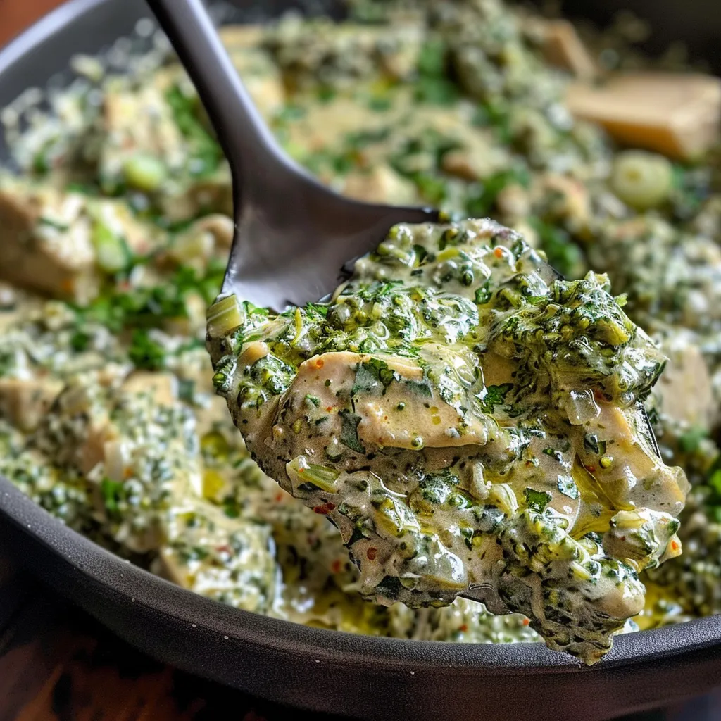 Vista lateral de un plato de pollo salsa verde con salsa cremosa y vegetales.