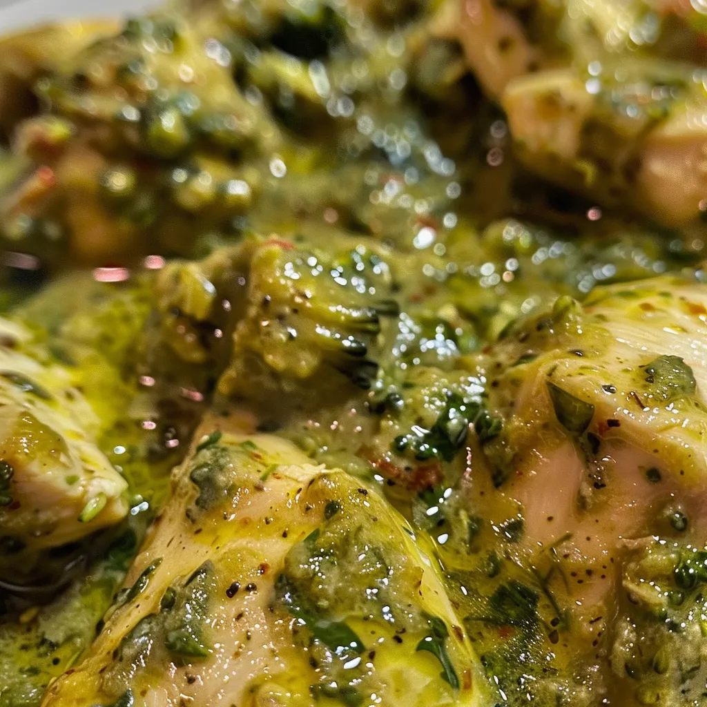Primer plano de un delicioso pollo al horno con salsa verde y brócoli.