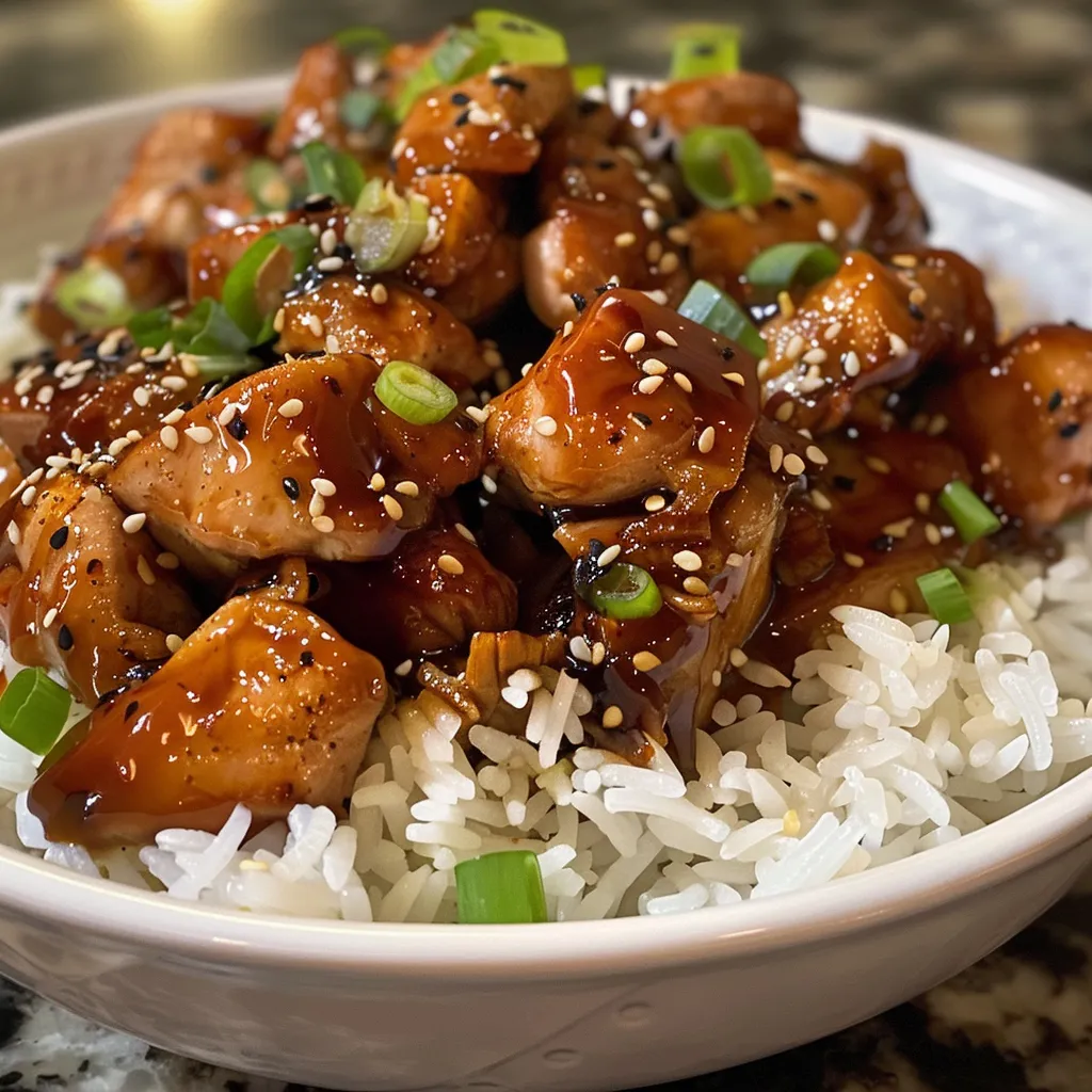 Pollo teriyaki dulce y picante en un plato, visto de lado.