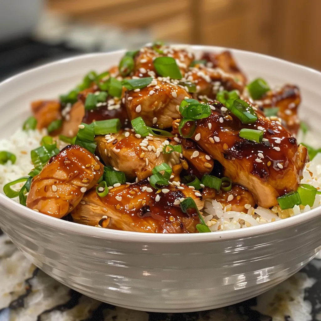 Ensalada de pollo teriyaki con salsa brillante, presentado en primer plano.
