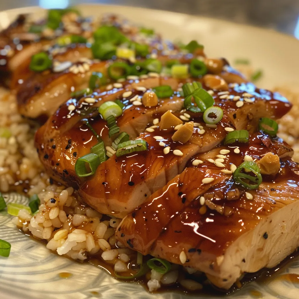 Pollo Teriyaki fácil presentado en un plato con arroz, decorado con cebollitas verdes y semillas de sésamo.