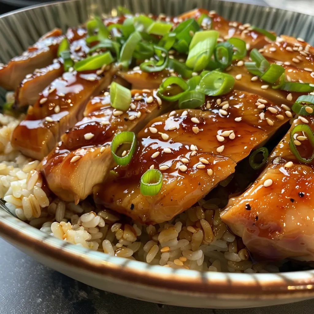 Primer plano de Pollo Teriyaki fácil, mostrando trozos de pollo glaseados y acompañados de arroz.