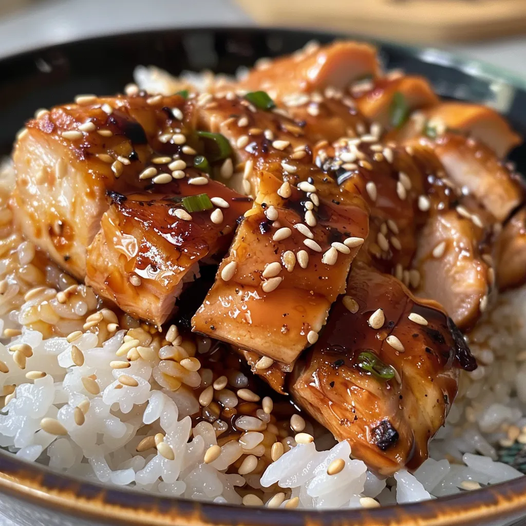 Primer plano de contramuslos de pollo deshuesados bañados en salsa teriyaki.