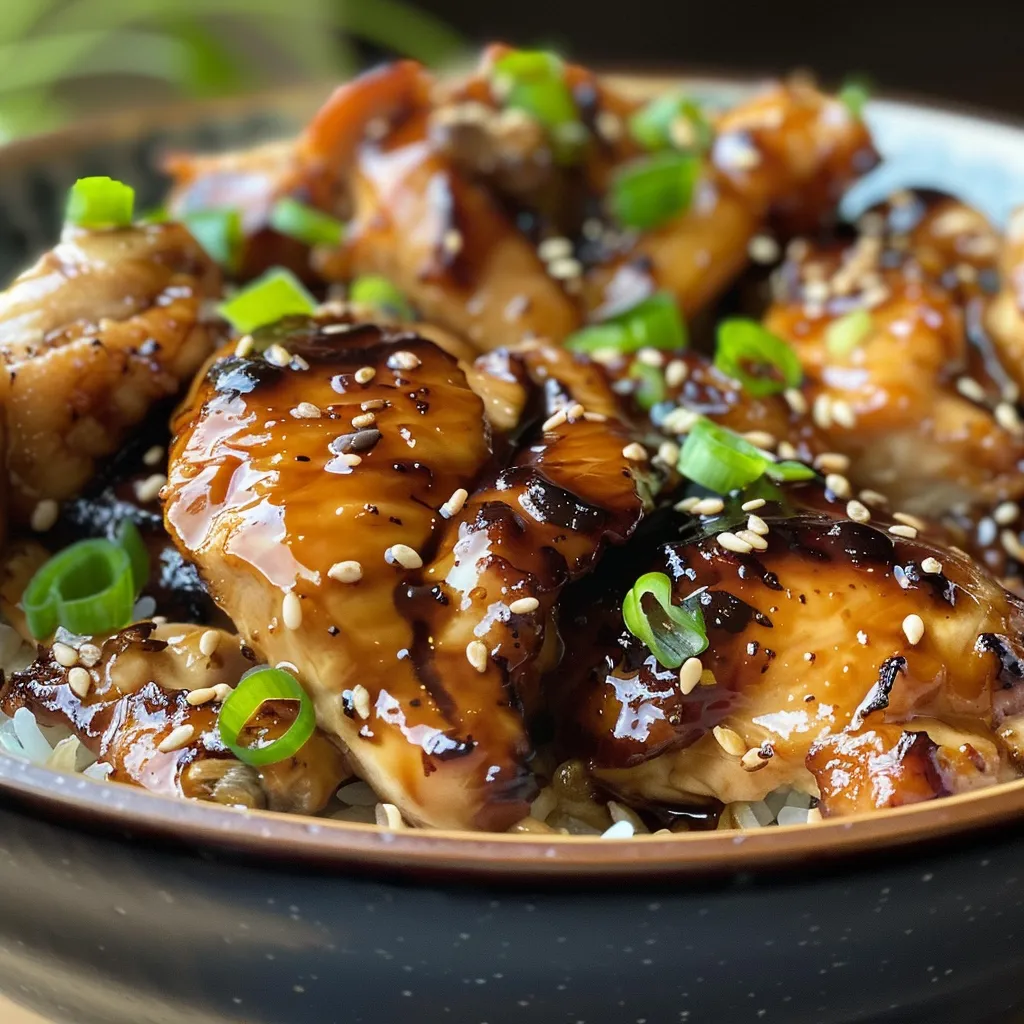 Primer plano de Pollo teriyaki jugoso con arroz blanco al lado.