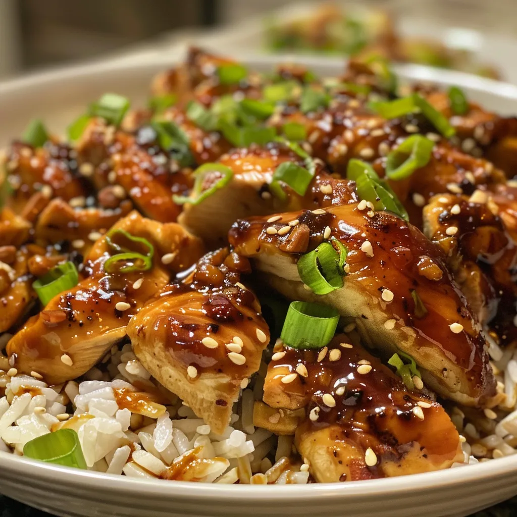 Primer plano de pollo teriyaki jugoso servido en un plato, con arroz blanco al lado.