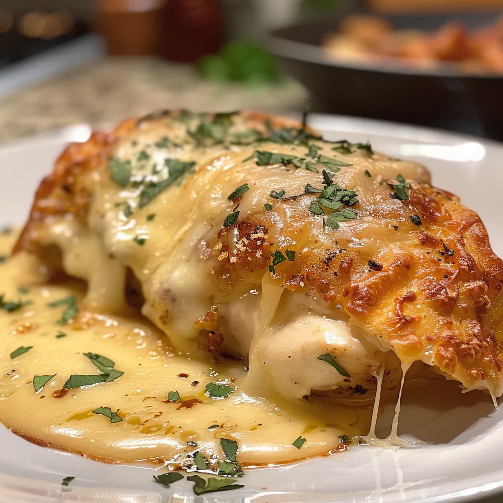 Vista lateral de pollo relleno de queso y espinacas, cocido y crujiente.