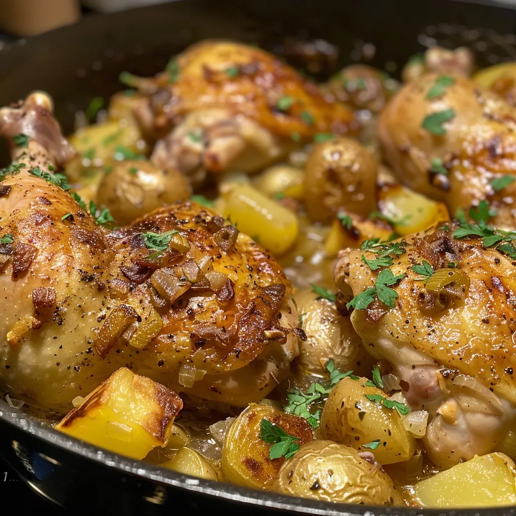 Vista lateral de Poulet avec Pommes de Terre en un plato, con ingredientes frescos visibles.