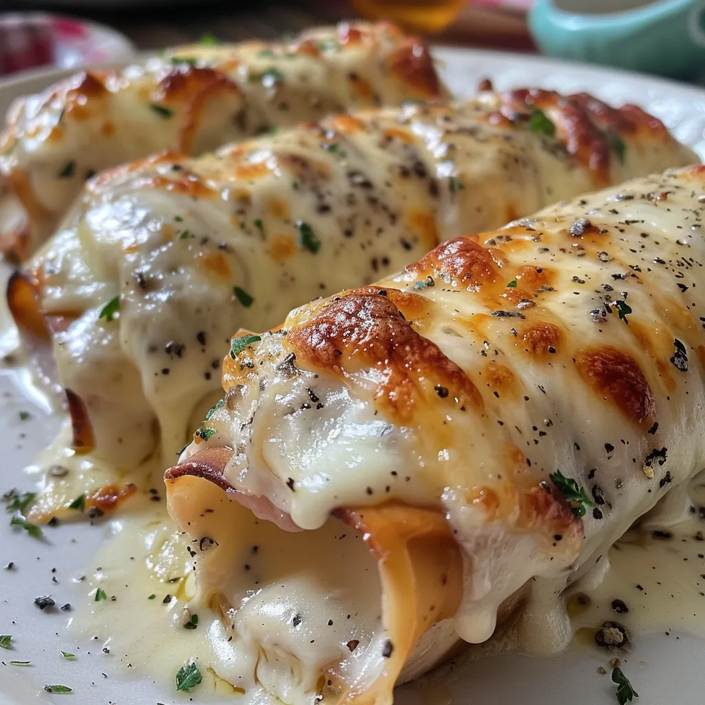 Rollitos de pollo y queso con queso derritiéndose, vistos de costado.