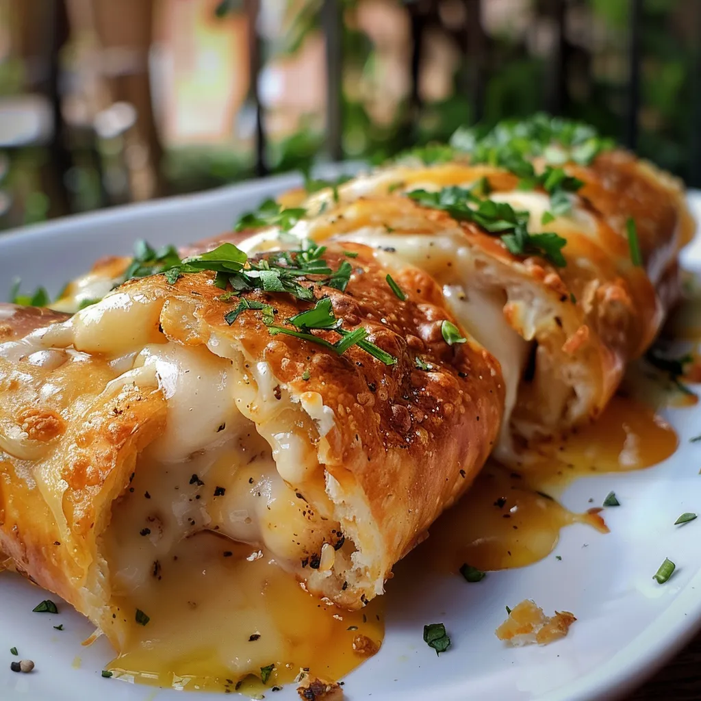 Detalle de rollitos de pollo rellenos de queso, mostrando ingredientes frescos.
