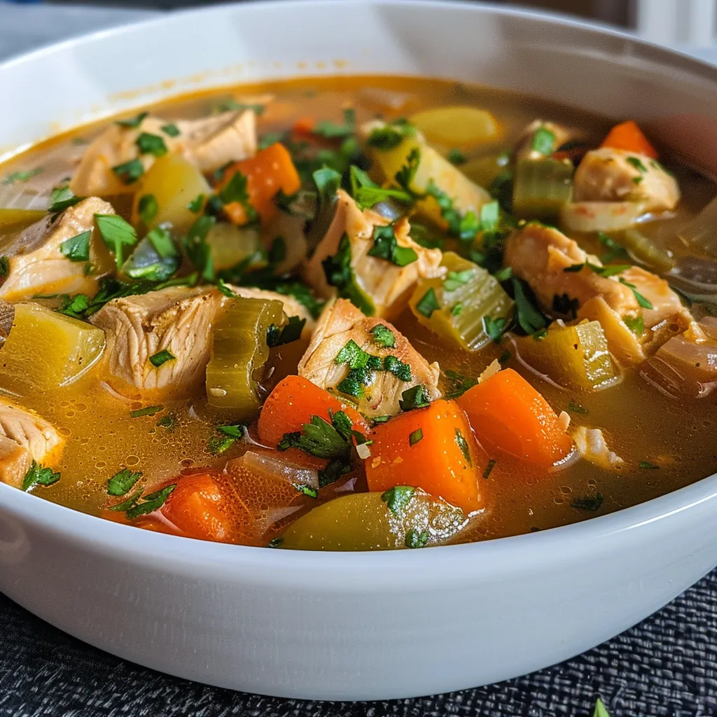 Sopa de Pollo y Verduras en un plato, mostrando ingredientes frescos.