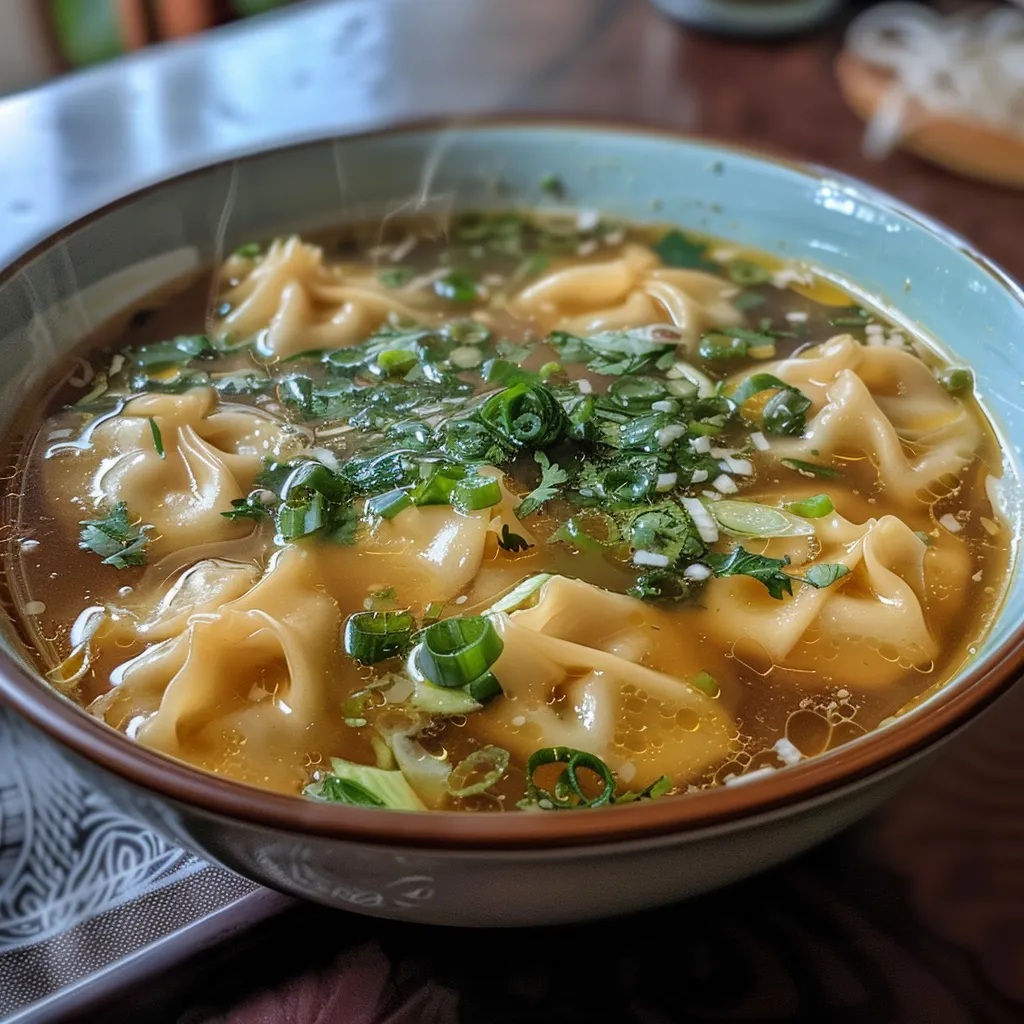 Sopa de Wonton Casera en un tazón, con wontones flotantes y verduras.