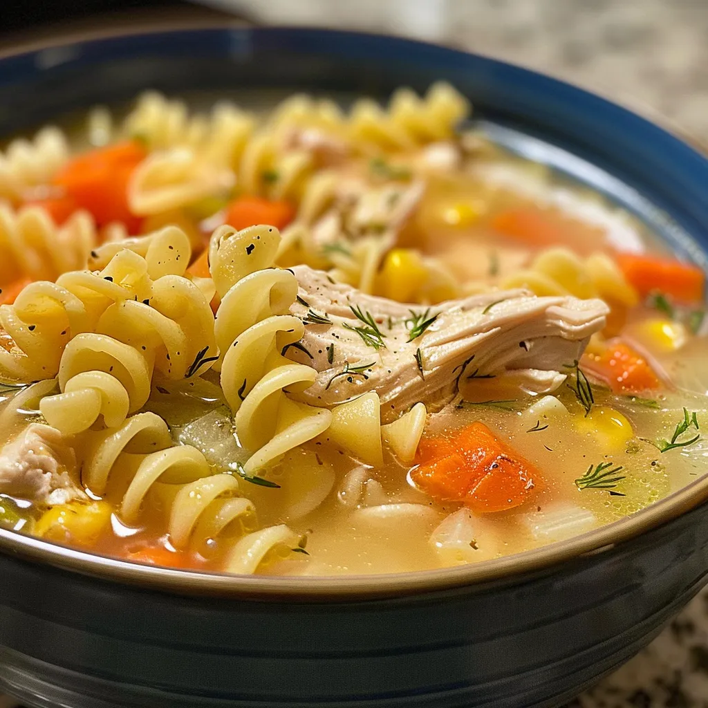 Sopa cremosa de pollo y fideos en un tazón, con ingredientes visibles.