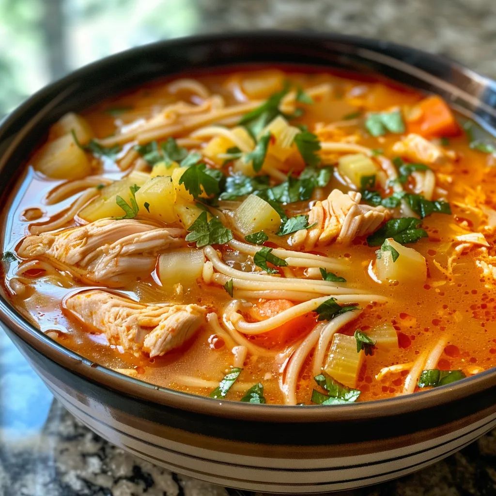 Sopa de Fideo con Pollo en un tazón blanco, mostrando fideos, pollo y vegetales.