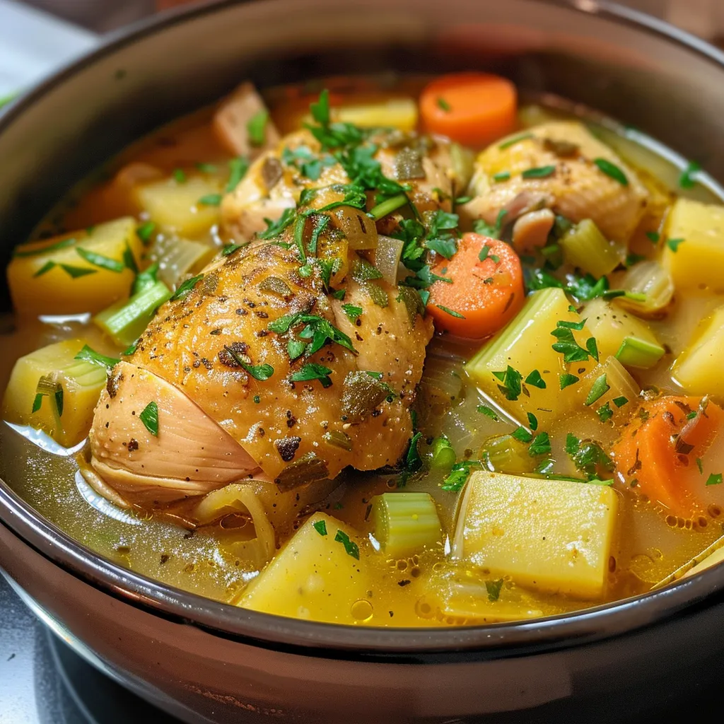 Primer plano de sopa de pollo española con verduras frescas.