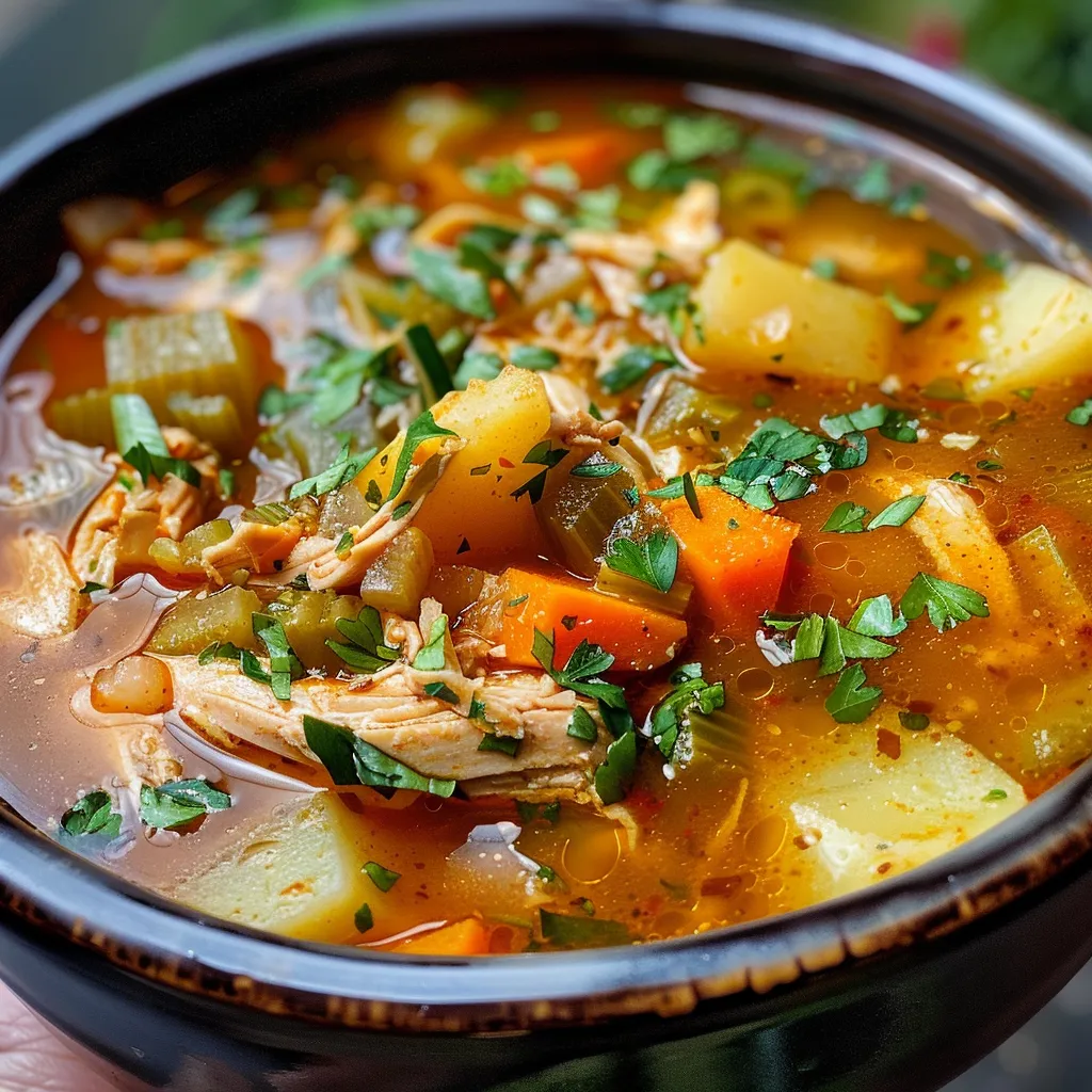 Sopa de pollo calentita en un tazón, con ingredientes coloridos visibles.