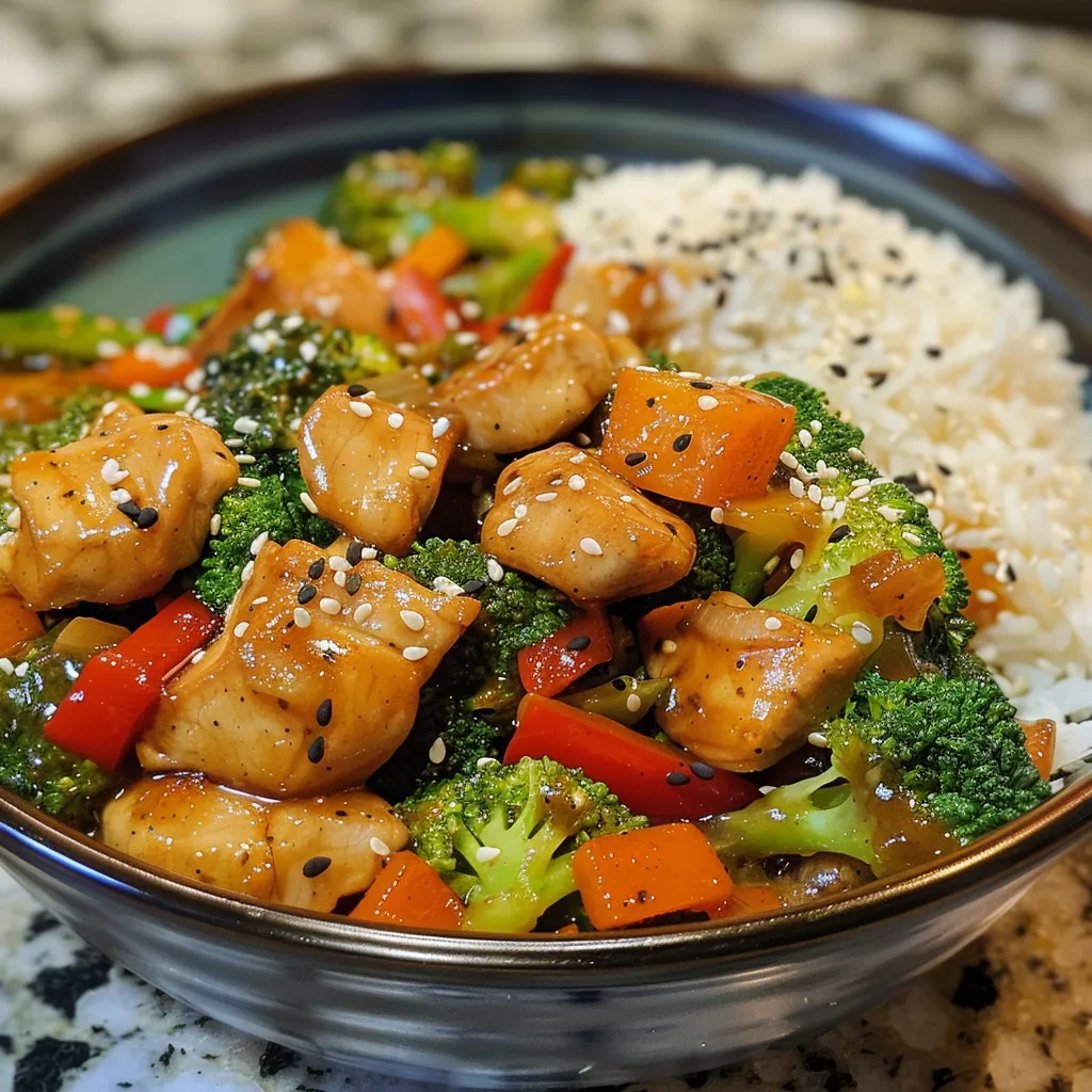 Primer plano de un platillo de Stir Fry de Pollo Teriyaki con ingredientes coloridos.