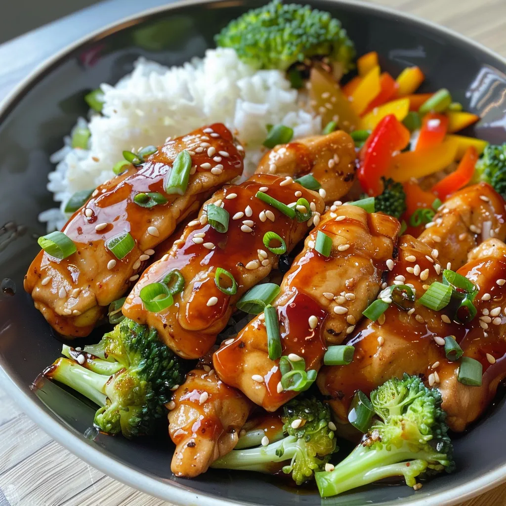 Vista lateral de un tazón de pollo teriyaki salteado, mostrando brócoli y pimientos.