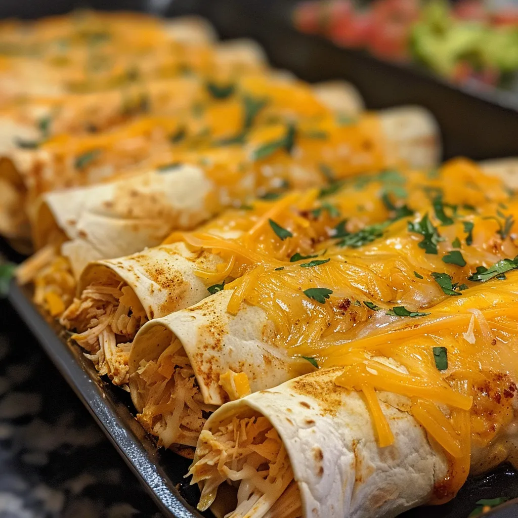 Close-up view of crispy homemade chicken taquitos with melted cheese.