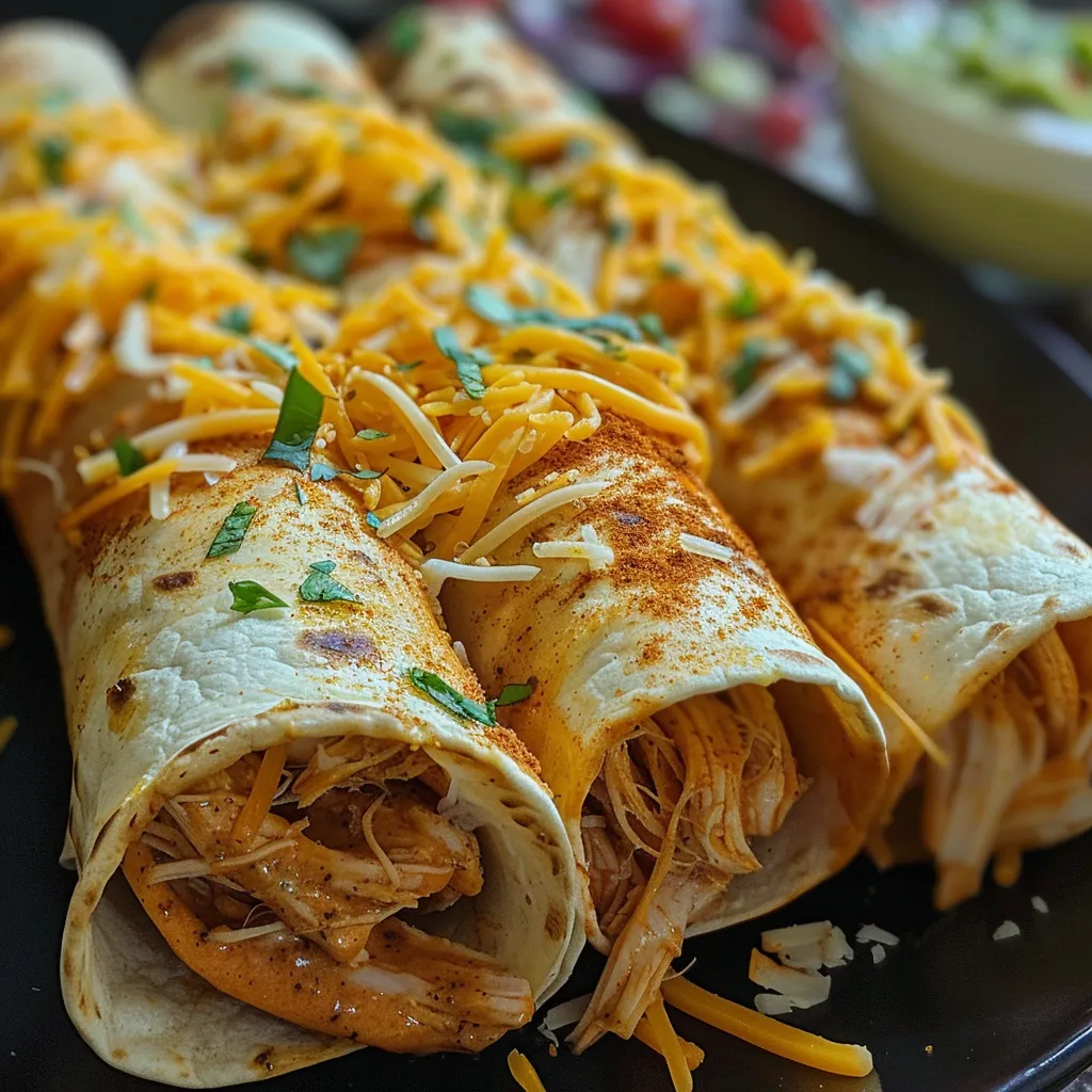 A platter of golden-brown chicken taquitos garnished with salsa and guacamole.
