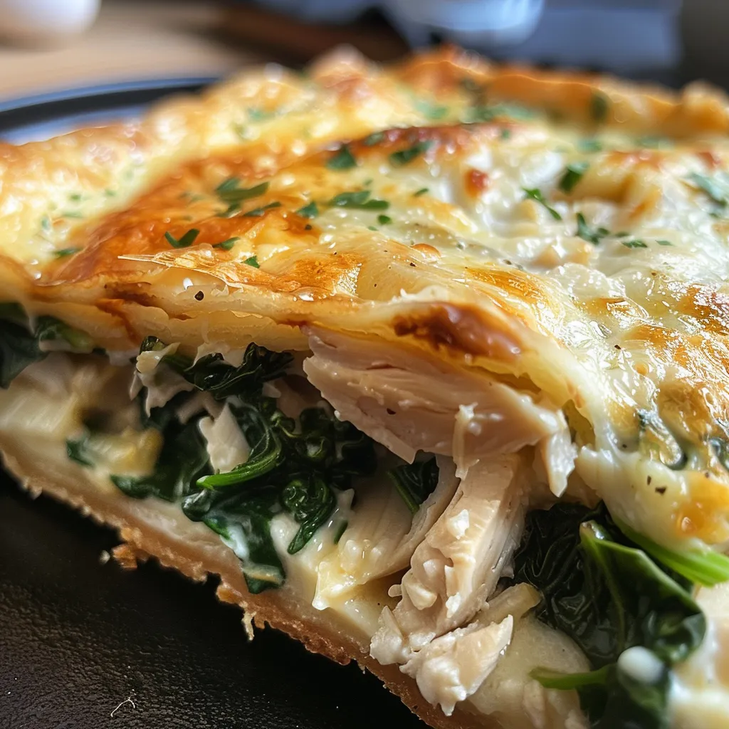 Tarta de espinaca y pollo en un plato, con una corteza dorada y relleno verde.