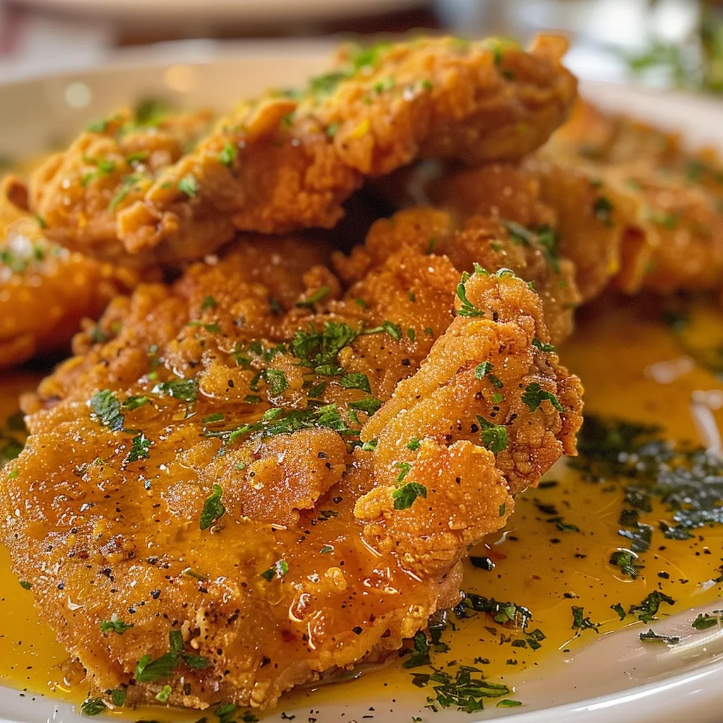 Tiras de pollo crujientes con una textura crujiente y jugosa, vista lateral.