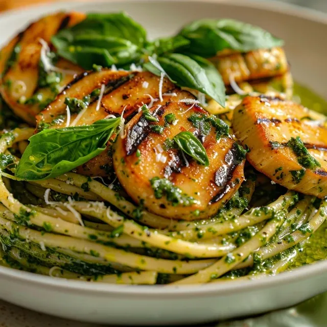 Tazón de pasta al pesto con pollo a la parrilla, decorado con tomates cherry.