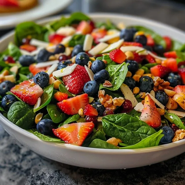 Ensalada de espinacas frescas con fresas y arándanos.