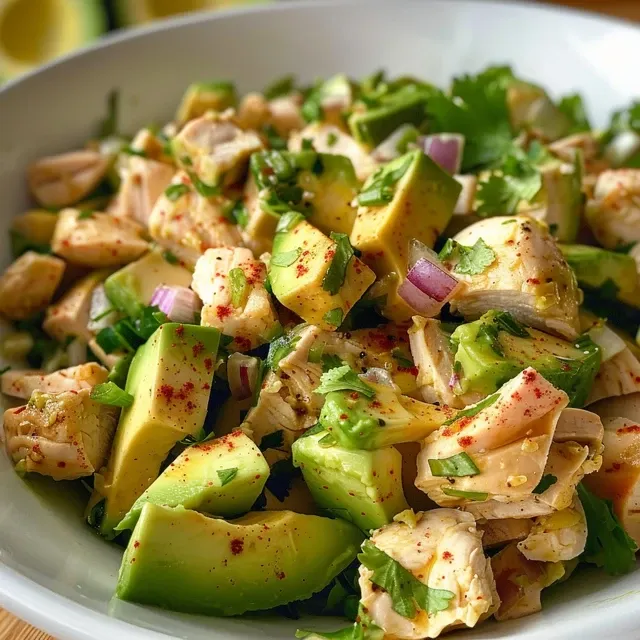 Ensalada de pollo y aguacate, vista lateral, con ingredientes frescos.