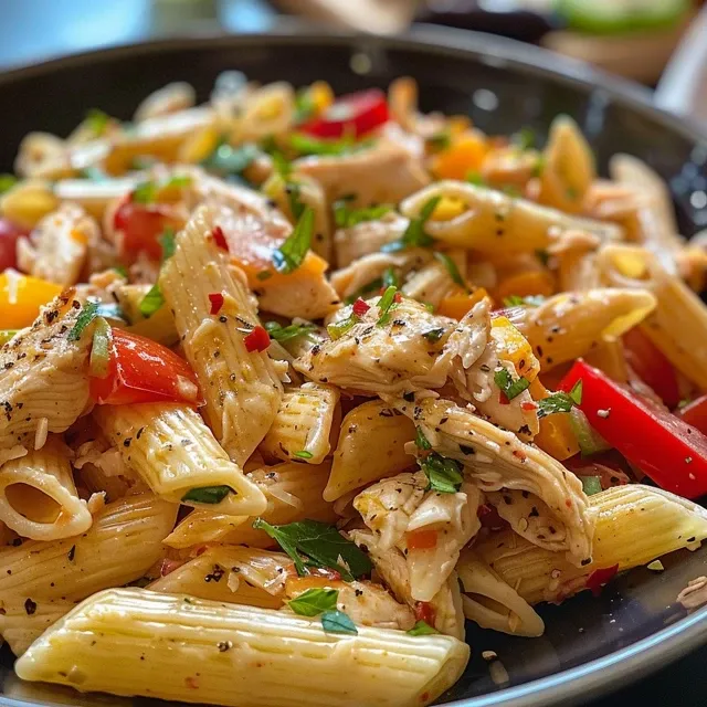 Ensalada de Pasta y Pollo en un plato, con trozos de pollo y verduras frescas.