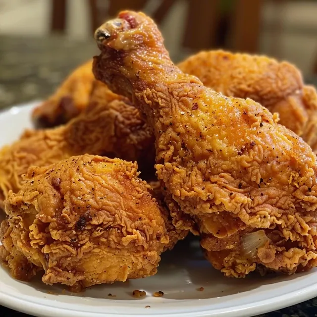 Pollo estilo KFC dorado y crujiente en una freidora de aire.