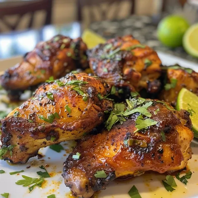 Alitas adobadas cocinadas en una freidora de aire, jugosas y doradas.