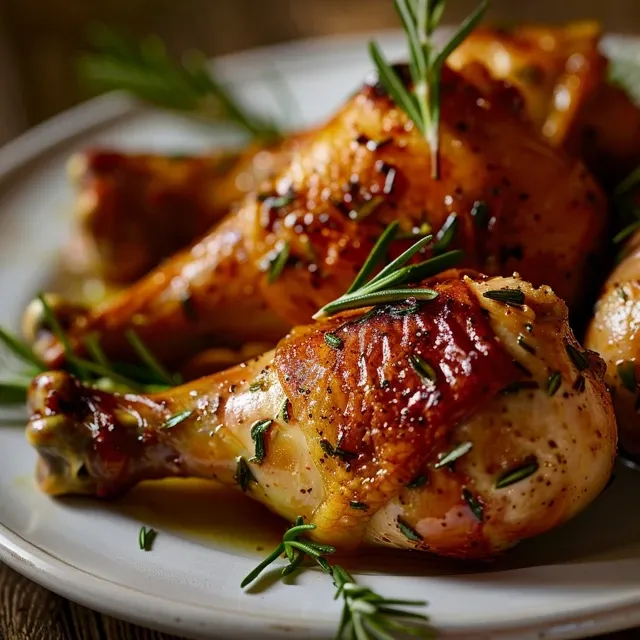 Muslos de pollo horneados, dorados y glaseados con miel y mostaza.