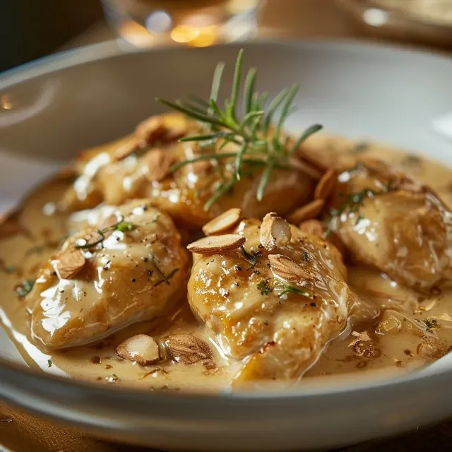 Platos de Pollo Con Almendras De La Abuela, brillando con salsas doradas.