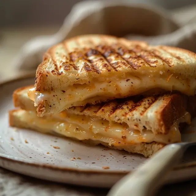 Sándwich de pollo gratinado con pan cubano, pollo dorado y queso fundido.