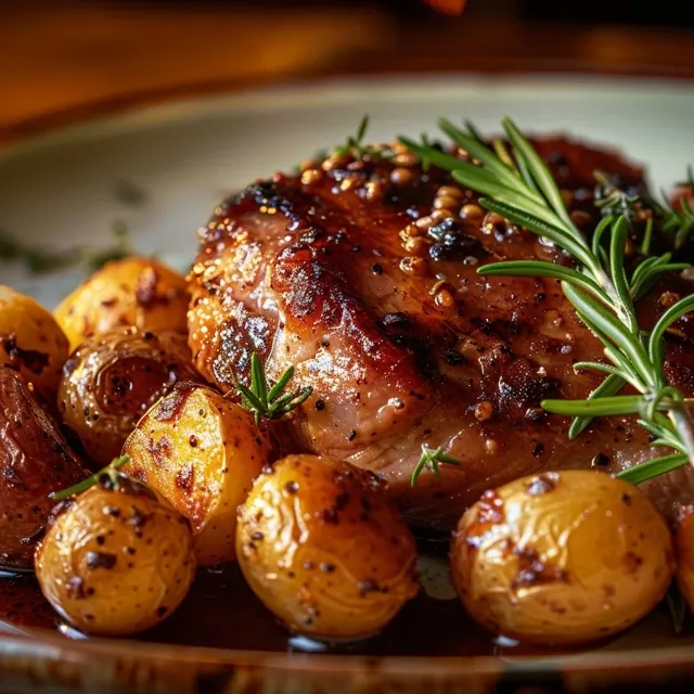 Pollo a la cerveza con patatas al horno, visto de lado, con una textura jugosa y dorada.