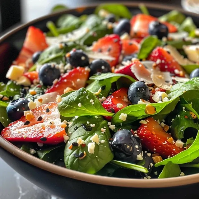 Close up de una ensalada colorida con espinacas, fresas y arándanos.