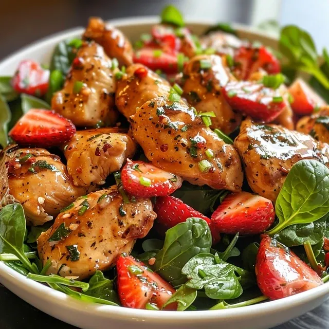 Primer plano de una ensalada fresca de espinacas y fresas.